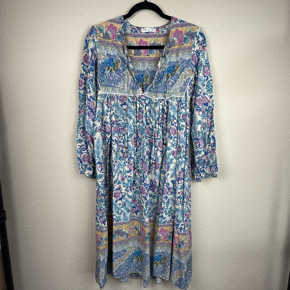 R. Vivimos Med Boho Maxi Dress Peacock Blue Pink Floral Tassel Cottage *read